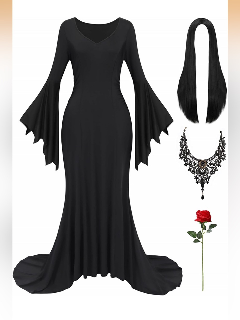 Gothic Morticia Costume Dress Set Wig Rose Necklace Wig Cap Small NWT
